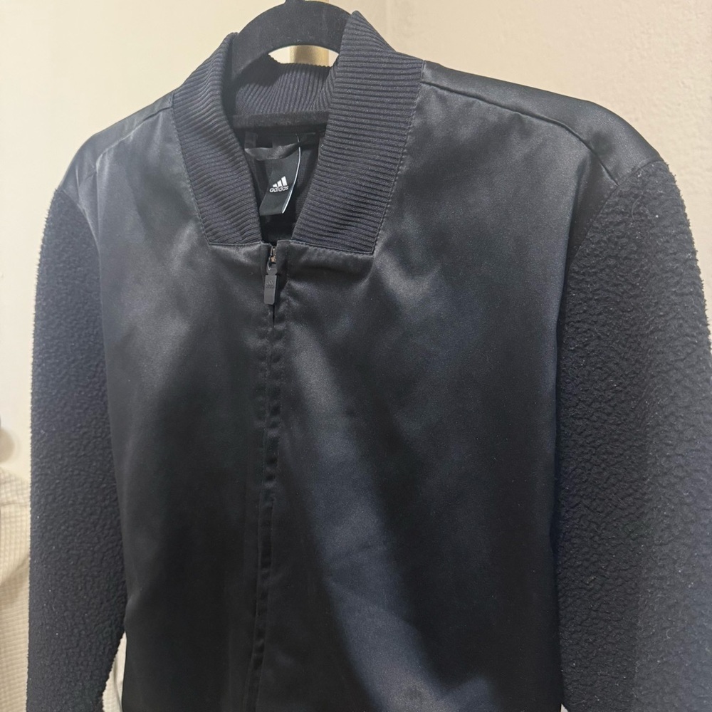 ADIDAS Satin Sherpa Black Bomber Jacket Size Medium - Picture 6 of 16